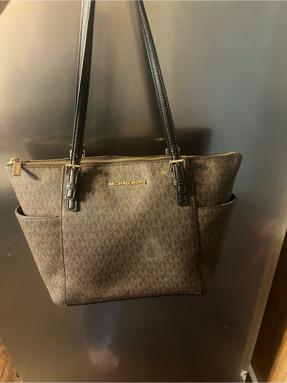 Michael Kors Brown Logo Tote with Black Straps and Gold Hardware